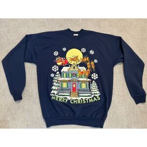 Vintage Merry Christmas Santa Claus Reindeer House Navy Blue Sweatshirt Adult XL